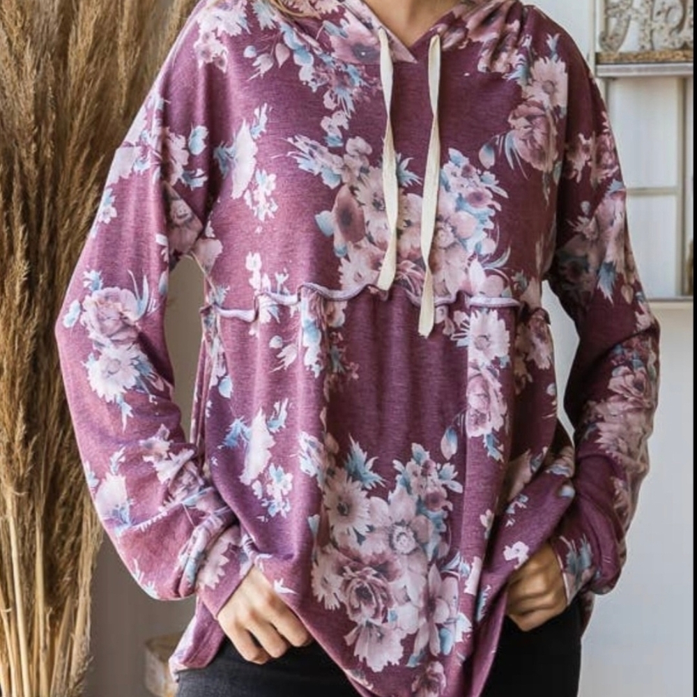 Hopely Womens Vintage Floral Print Baby Doll Hoodie Burgundy